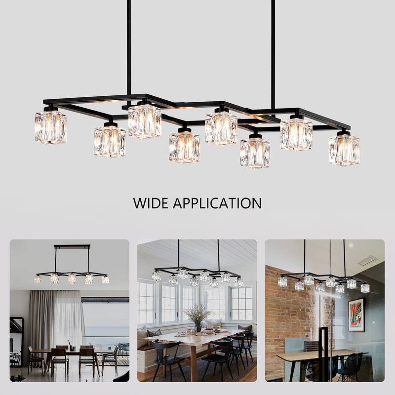 Matte Black 8-Light Industrial Crystal Chandelier, Adjustable Height Pendant Light Fixture for Dining Room, Kitchen, Foyer