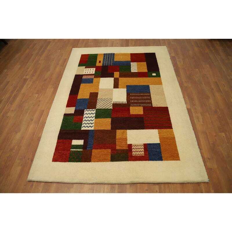 Hand Knotted Oriental 100% Wool Carpet Modern Geometric Multi-Colored Gabbeh Area Rug - 6' 7'' X 4' 9''