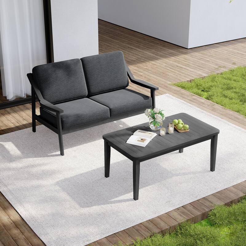 Outdoor Wood Teak Cushioned Patio 2 Seater Loveseat with Coffee Table