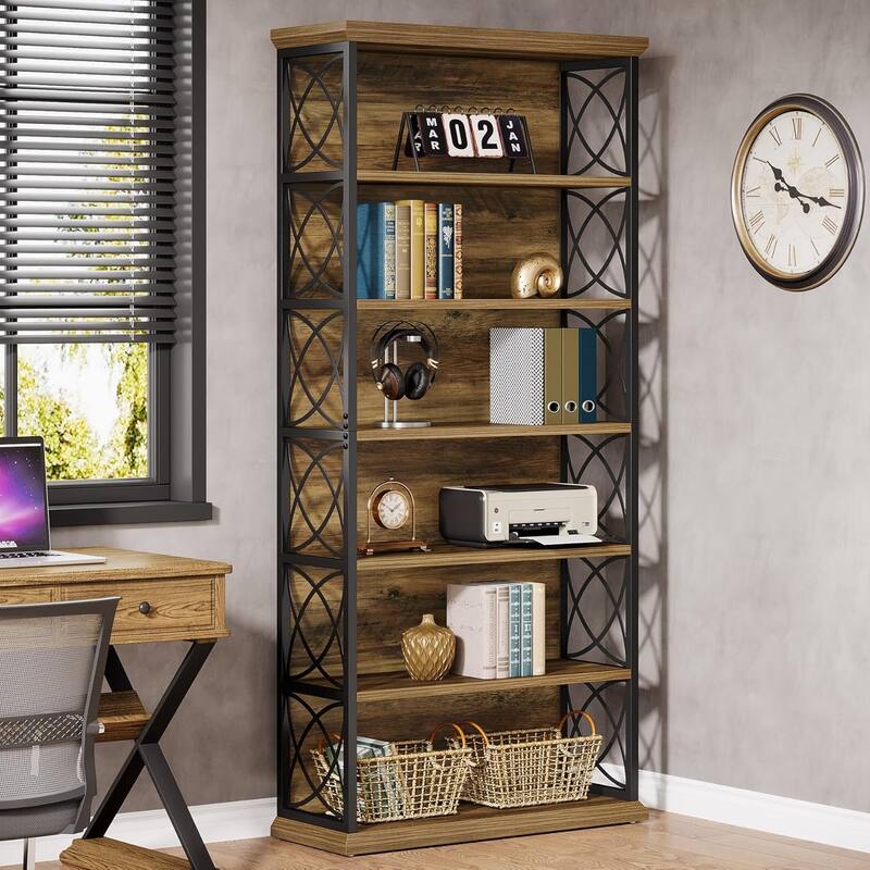 73'' Tall Wood Metal Bookcase Display Bookshelf with 6 Open Shelves - 31.5" L x 12.6" W x 72.83" H