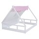 preview thumbnail 18 of 16, White and Brown Full Size Wooden Tent Bed with Fabric, Platform with Fence and Roof