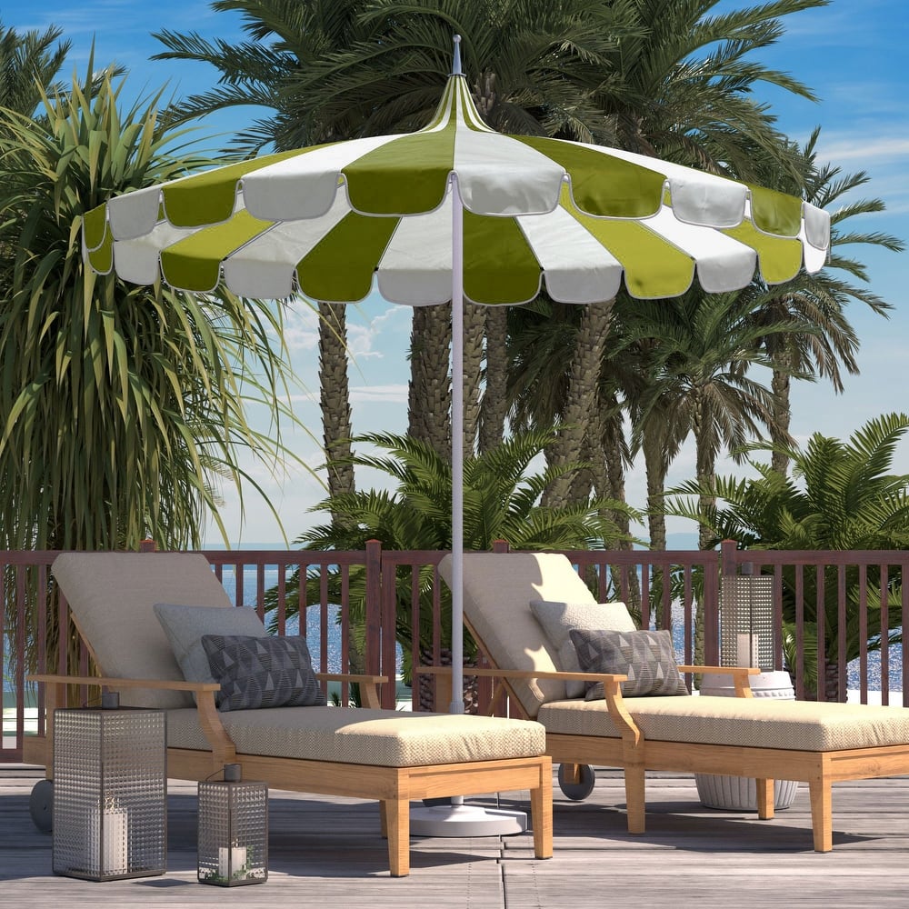 California Umbrella 8.5' Pagoda Series Patio Umbrella White Aluminum Pole Push Lift Sunbrella Natural and Pacific Blue