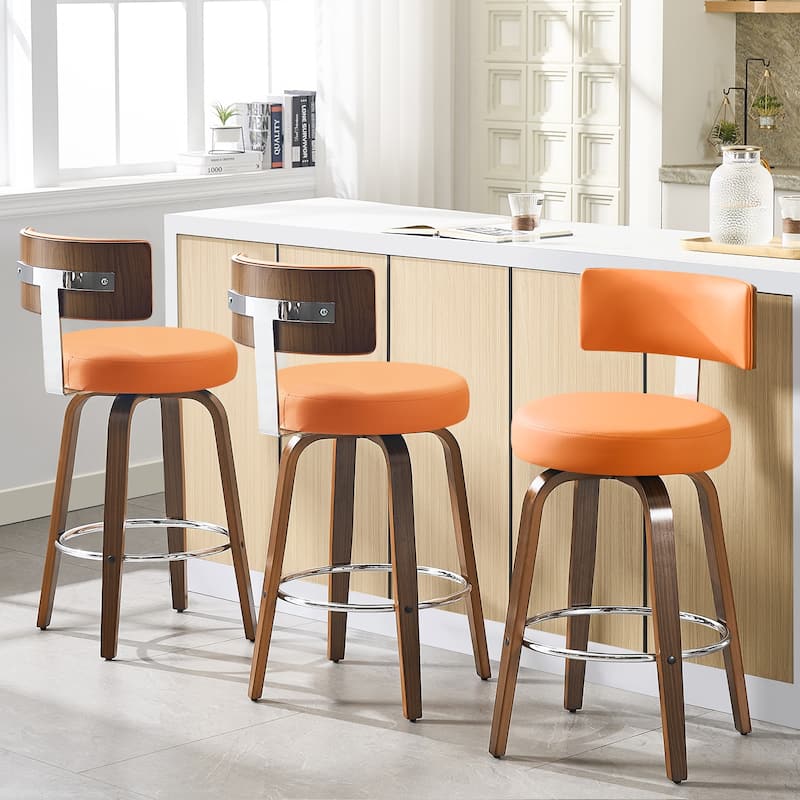 Upholstered Wood Swivel Bar/ Counter Stools, Set of 3 - Orange - Counter Height