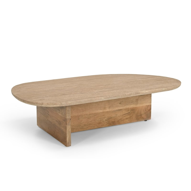 Modrest Chisholm Modern Travertine Marble & Wood Freeform Coffee Table