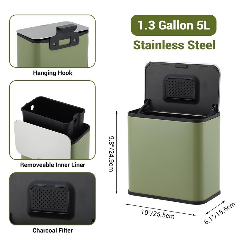1.3-Gallon / 5 L Stainless Steel Trash Can with Charcoal Filter Lid and Hanging Hook Brown