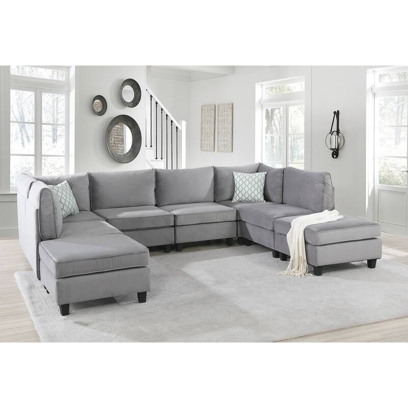 8 Piece L Shape Velvet Modular Sectional Sofa with 2 Ottomans, Gray