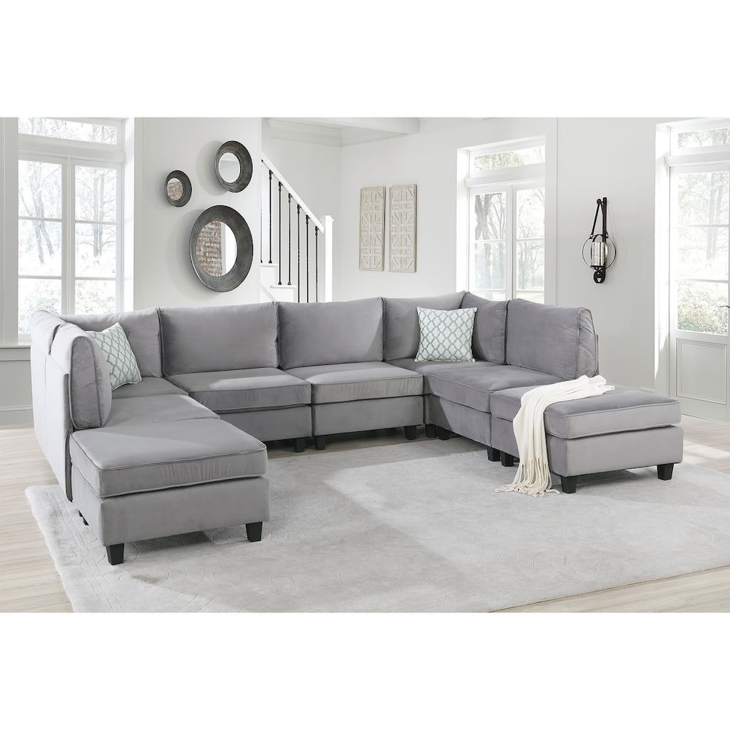 8 Piece U Shape Velvet Modular Sectional Sofa with 2 Ottomans, Gray