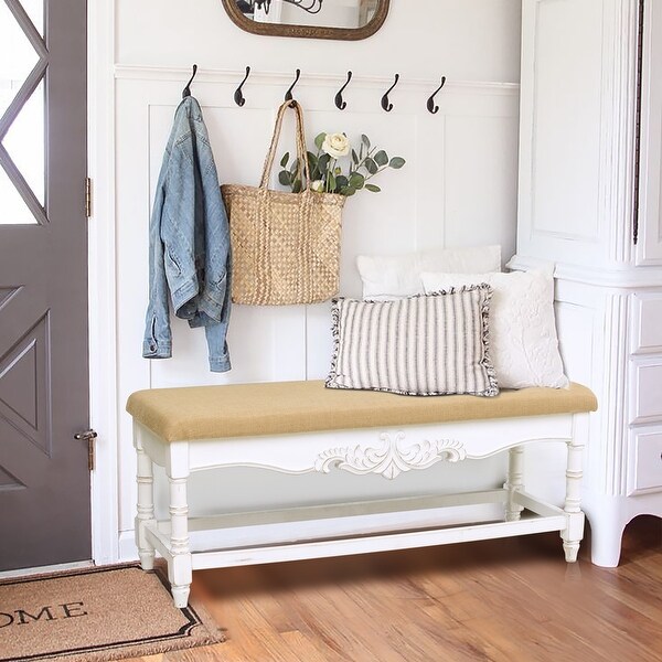 〆1/31 WHITE_WOOD_BENCH #1 Andaman Avis Wooden Bench with White Upholstered Seat