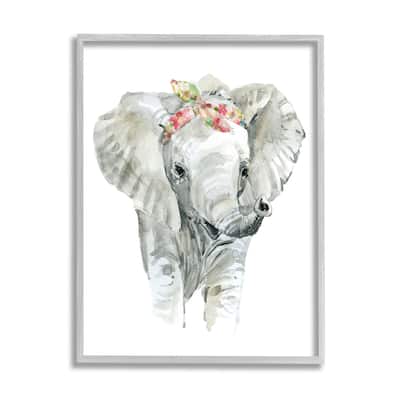Stupell Chic Baby Elephant with Floral Print Hair Tie Framed Wall Art - Grey