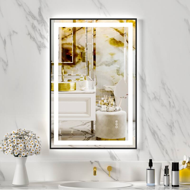Silver-Black Glass LED Bathroom Mirror with Dual Lights and Anti-Fog - 36 W x 24" H