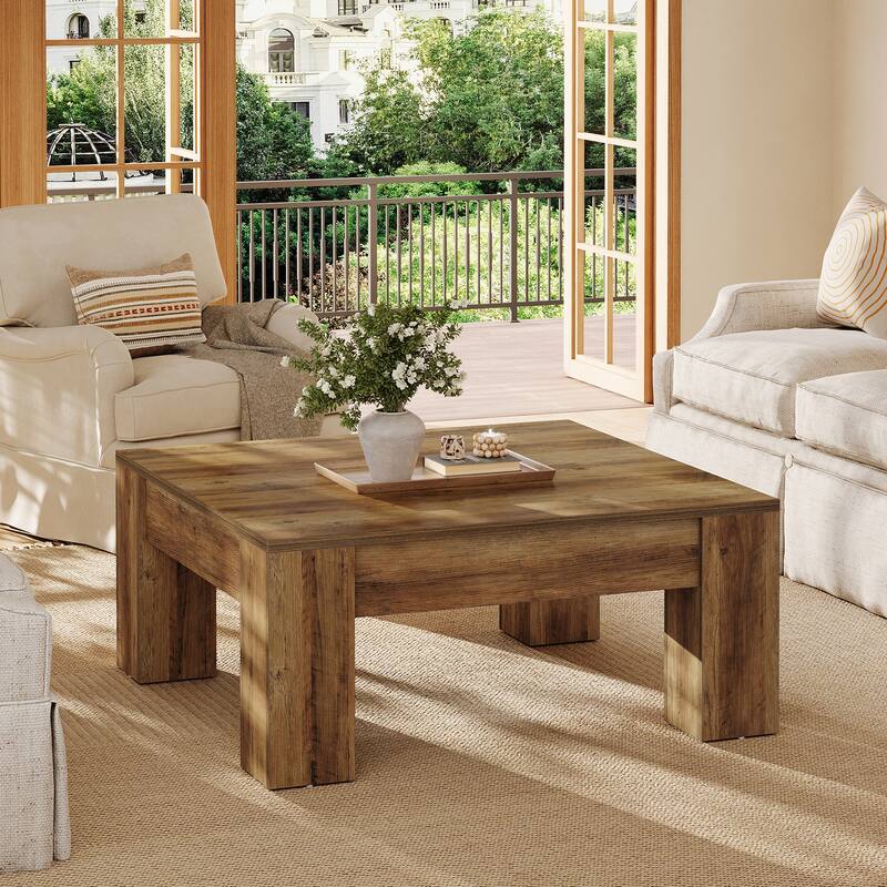 39-Inch Wood Farmhouse Square Coffee Table with Sturdy Legs