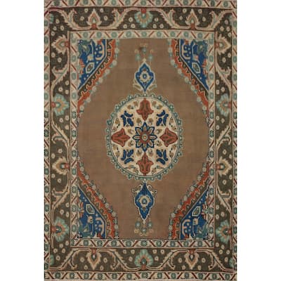 Hand Knotted Oriental 100% Wool Carpet Traditional Medallion Brown Tabriz Area Rug - 5' 11'' X 4' 10''