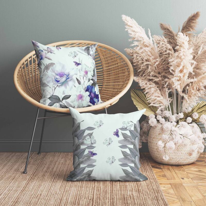 Leafy Lepidoptera Medley Faux Suede Reversible Throw Pillow Green and Blue