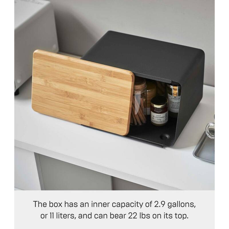 Yamazaki Home Bread Box with Cutting Board Lid, Steel and Wood, Lid - L 9.65 x W 12.4 x H 7.28 inches