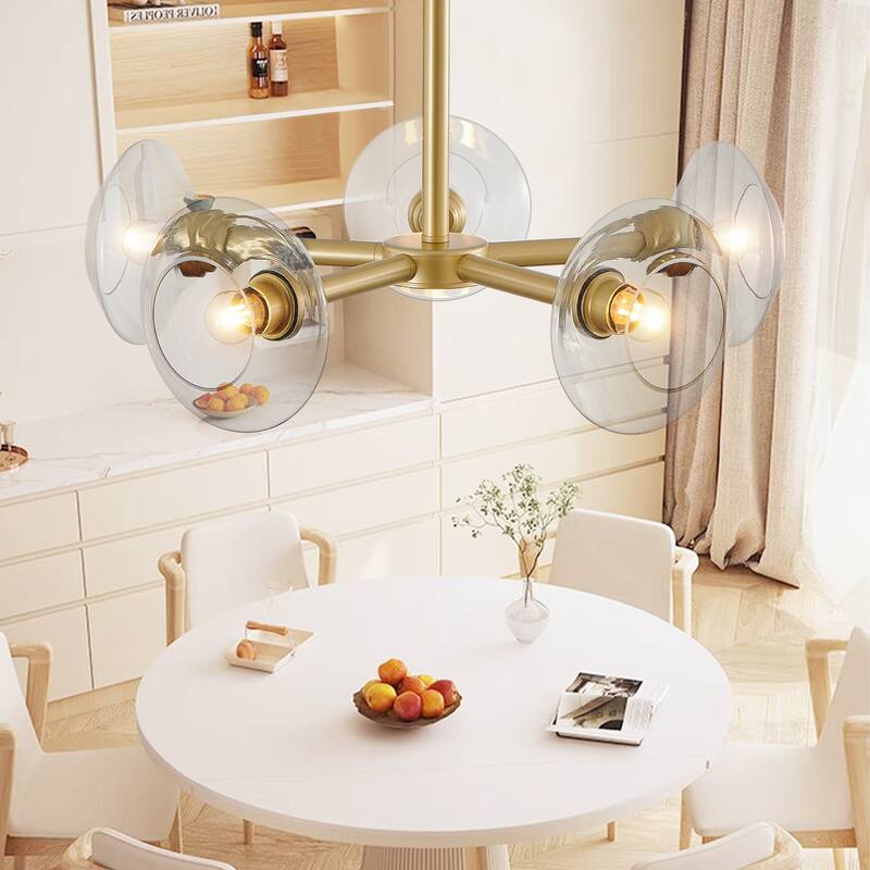 26" Modern Gold 5-Light Sputnik Chandelier with Clear Glass Shades, Hanging Pendant Light Fixture for Dining Room, Living Room