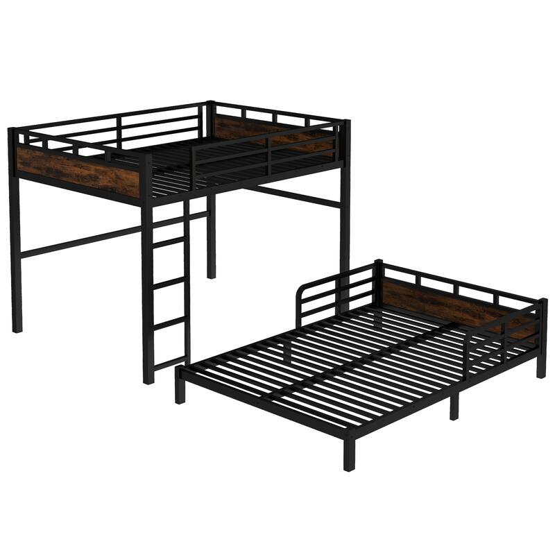 Split Design Metal Loft Bed & Platform Bed Set, Metal Bunk Bed with Raised Security Fence and Vintage Wood Accents