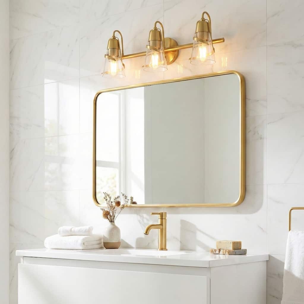 24" Modern Gold Dimmable Seeded Glass 3 Light Bathroom Vanity Lights Wall Sconce