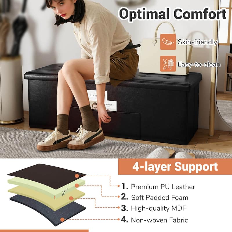 Costway 43 Inches Folding Storage Ottoman Bench with Side Pocket