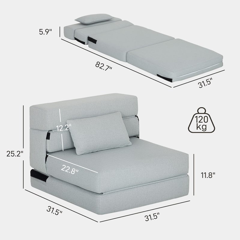 HOMCOM Folding Sofa Bed, Sleeper Chair with Pillow, Modern Linen Convertible Chair Bed, Fold Out Floor Futon Couch