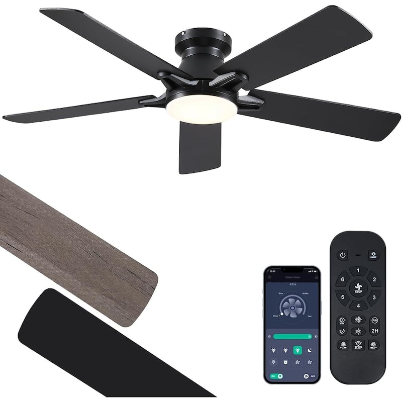 52 Inch Flush Mount Ceiling Fan with Light and Remote,5 Dual Side Blades for Living Room Bedroom Kitchen - 52 Inches - Black