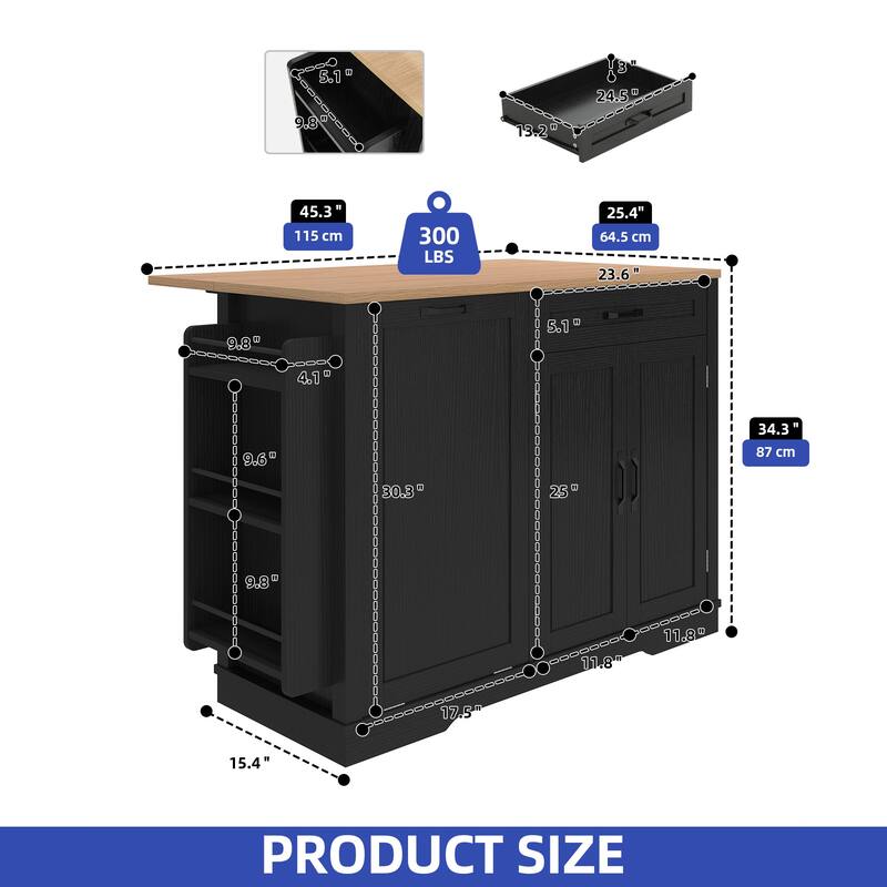Moasis 50 Inch Drop Leaf Rolling Kitchen Island With Trash Can Storage Cabinet And Drawer