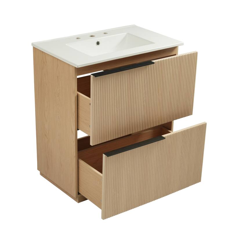 30" Bathroom Vanity with Ceramic Sink and Full-Extension Drawers, Soft Close Undermount Drawer Slides, Fluted Design, Natural