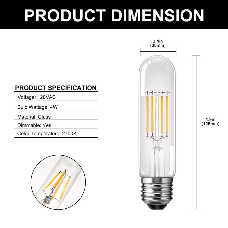 Dimmable Led Tubular Light Bulbs, T30 Edsion Bulbs, 2700k Filament Light Bulbs for Chandelier Light or Industrial Wall Sconces
