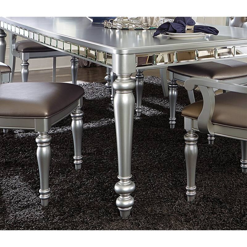 Glamourous Silver Finish Rectangular Dining Table 1pc Draw Leaf Mirror Trim Apron Dining Room Furniture