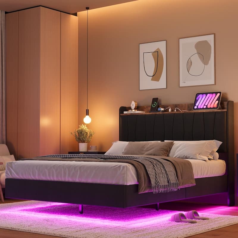 Floating Upholstered Bed Frame with LED Lights, USB Charging Station, Solid Slats, Easy Assembly - King - Black
