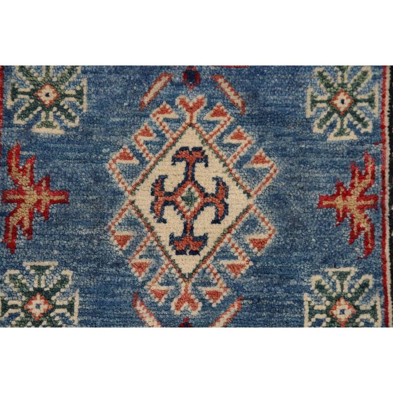 Blue Geometric Kazak Accent Rug Handmade Wool Carpet - 2'0" x 3'1"