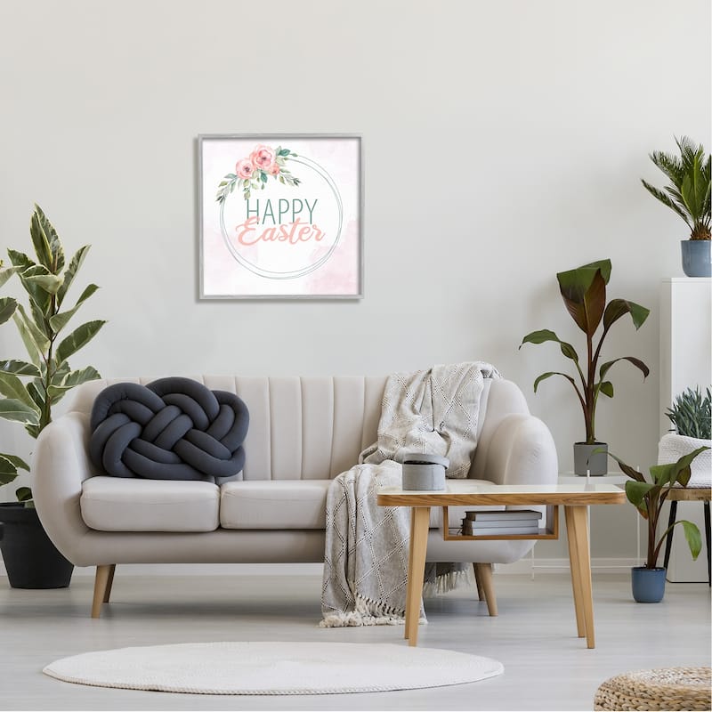 Stupell Happy Easter Round Floral Border Pastel Pink Design Framed Wall Art, Design by Kim Allen