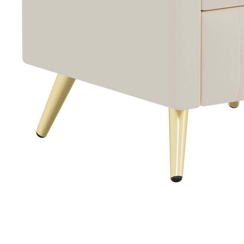 Upholstered Wooden 3-Drawer Nightstand - Metal Legs/Handles + Marbling Sticker Top Bedside Table (Beige)
