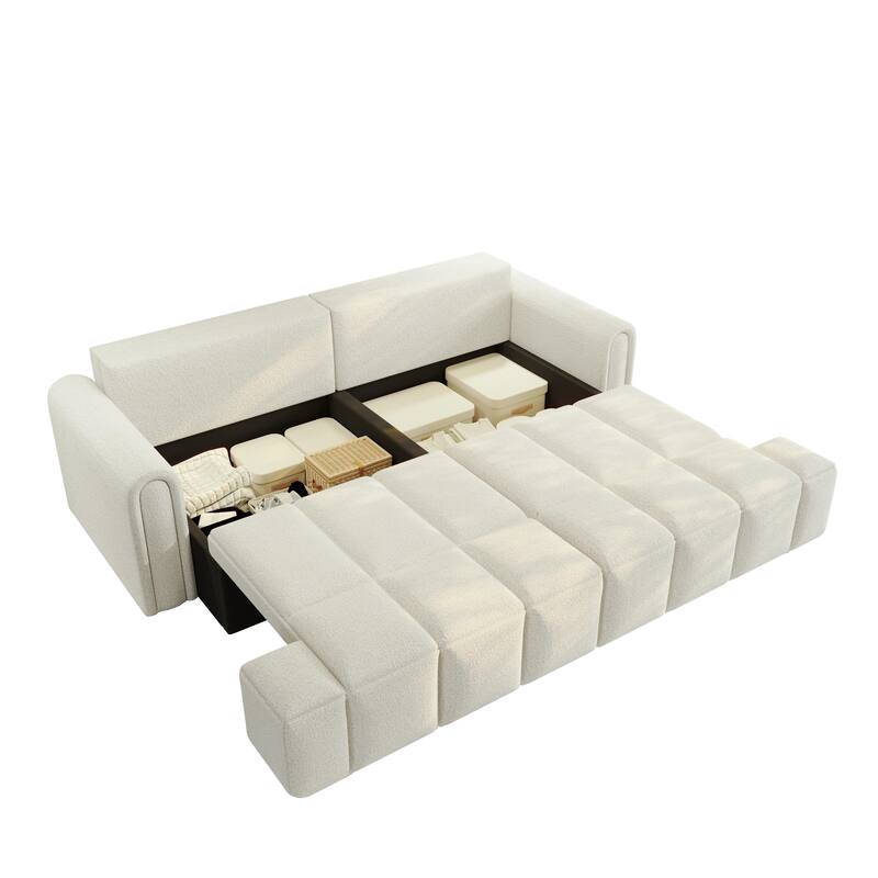 90.2" Sleeper Sofa with Pull-Out Bed, 3-in-1 Convertible Sofa Bed, Large Teddy Loveseat with Adjustable Backrest & Storage Seats