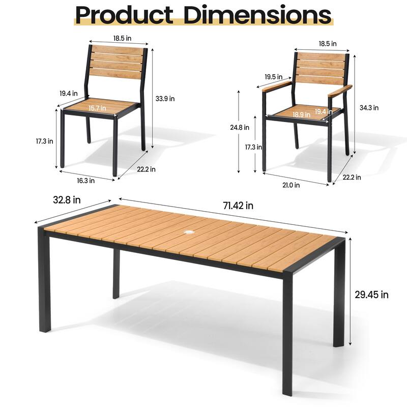 Set of 7 Outdoor Patio Dining Set WoodLike Table Top Aluminum Rectangular Umbrella Hole Table with Stackable Chairs Set