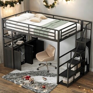 Creative Structure Full Size Heavy-Duty Metal Loft Bed Frame with Storage Staircase and Wardrobe, Shelves & Lockers