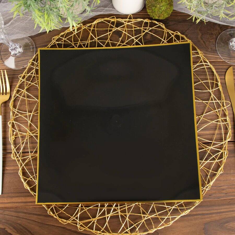 10 Pcs Concave 10 Inch Square Disposable Plastic Plates, Gold Trim On