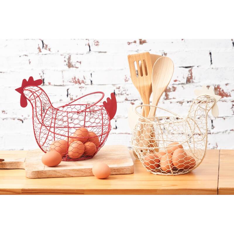 11.5 Antique White Farmhouse Vintage Chicken Egg Wire Basket with Handle for Kitchen Living Room Home Decor Storage Collecting
