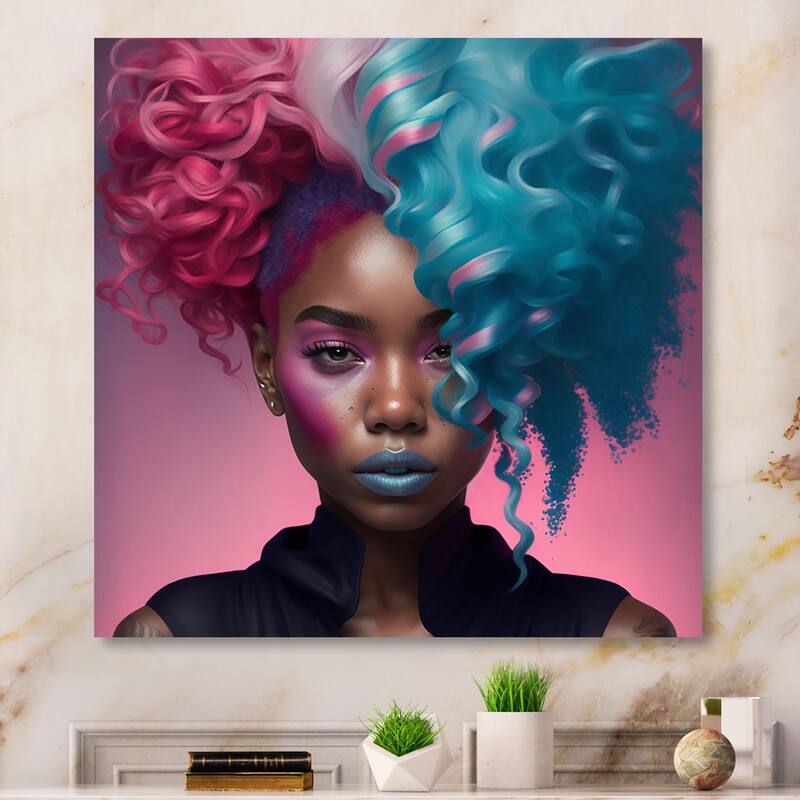 Designart 'Hip Hop Girl With Pink And Blue Hair V' African American Woman Metal Wall Art