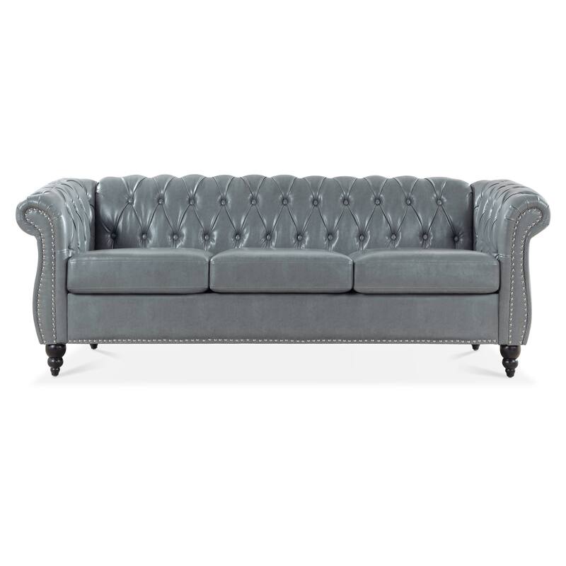 Chesterfield PU Leather 3 Seater Sofa, Upholstered Sofa with Rolled Armrests & Tufted Back, Lounge Sofa with Nailhead Trim