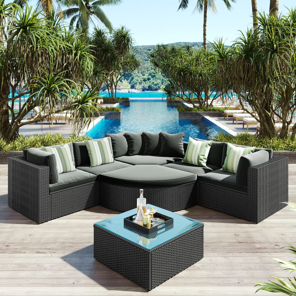 Modern 7-Piece Outdoor Wicker Sofa Set with Coffee Table, Cushions, and Striped Pillows, Suitable for Patio, Garden, Deck