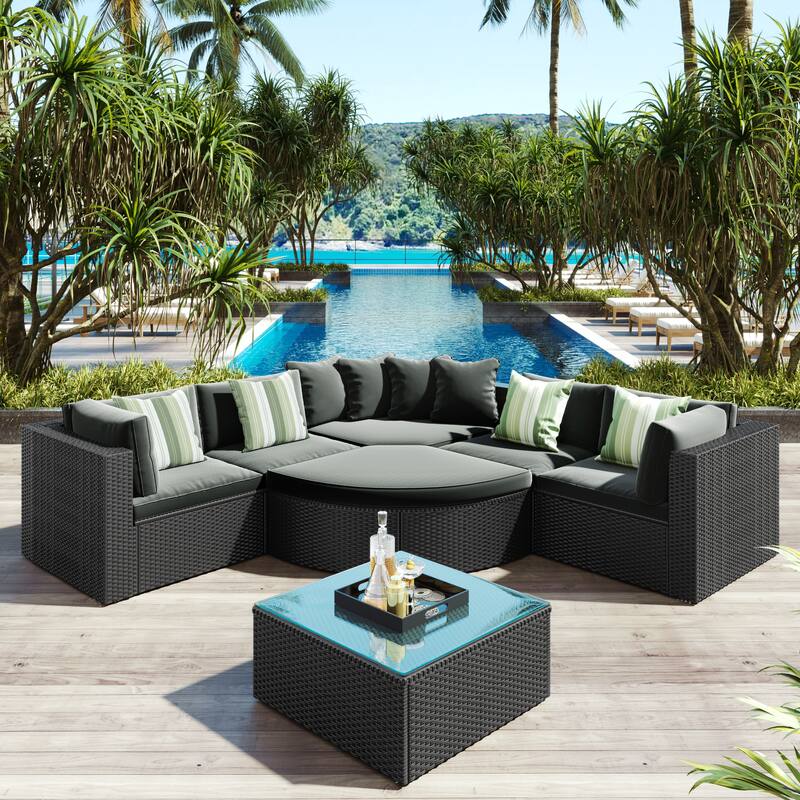 PE Wicker Outdoor Conversation Sofa Set with Green Striped Pillows