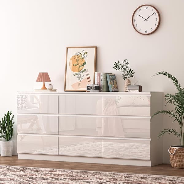 70 Inch 9-Drawer Dresser with Built-in Power Outlets, High Gloss Finish,  Modern Storage for Bedroom, White - Bed Bath & Beyond - 43620018