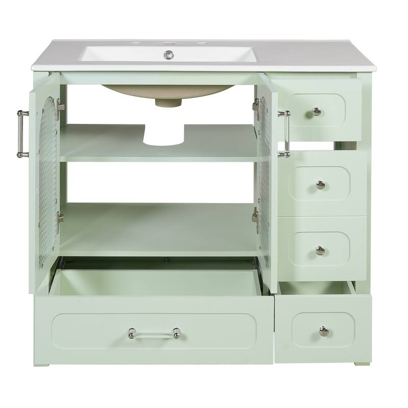 Bathroom Cabinet with Waffle Texture Doors And Glass Doors ,Bathroom Vanity with Four Drawers and Two Soft-Closing Doors