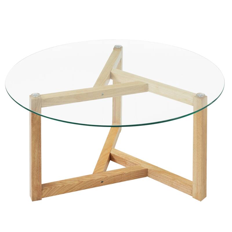 35.43" Modern Coffee Table with Tempered Glass Top and Sturdy Wood Base