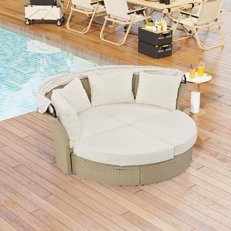 Outdoor Wicker Rattan Double Daybed with Retractable Canopy