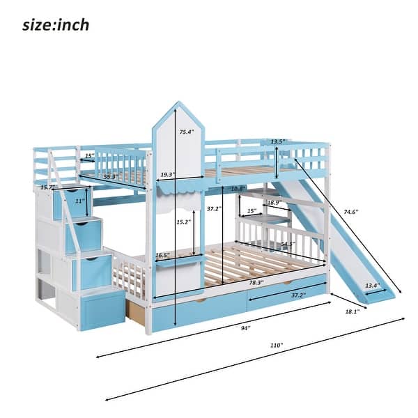 dimension image slide 1 of 2, Full-Over-Full Castle Style Bunk Bed with 2 Drawers 3 Shelves and Slide