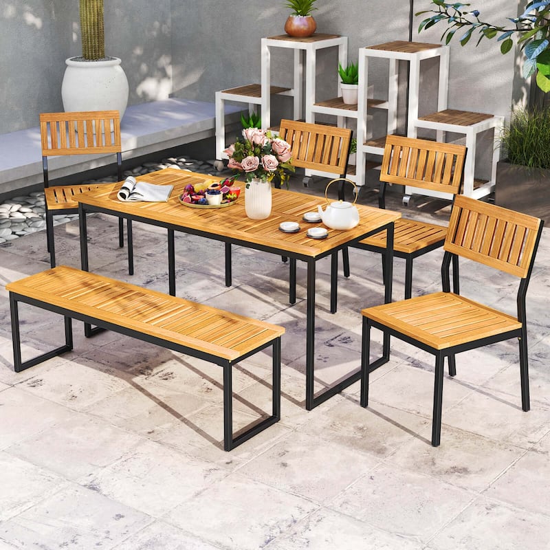 Costway 6 PCS Outdoor Acacia Wood Dining Set with Bench and 2" - See Details - Natural and Black