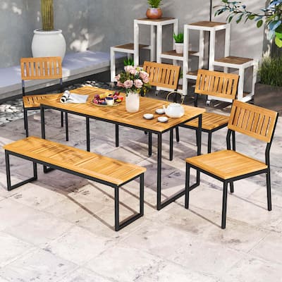 Costway 6 PCS Outdoor Acacia Wood Dining Set with Bench and 2" - See Details