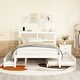 preview thumbnail 1 of 7, Queen Size Elegant Bed Frame with Rattan Headboard, Platform Bed with Sockets, Wooden Bed with Drawers and Trundle, White White