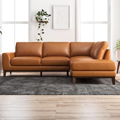 Modern Milton Cognac Tan Top Leather Corner Sectional Sofa (Right Chaise)